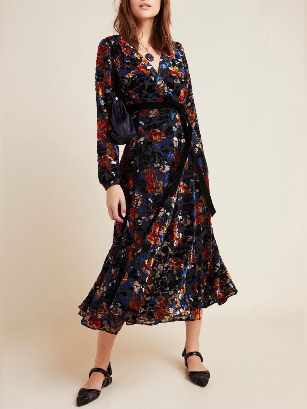 Anthro Hutch Deirdre Velvet Burnout Wrap Dress Floral Midi Long Sleeve XS Lined